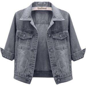 Women's 3/4 Sleeve Colored Cropped Denim Jacket Short Jean Jacket Trucker Grey